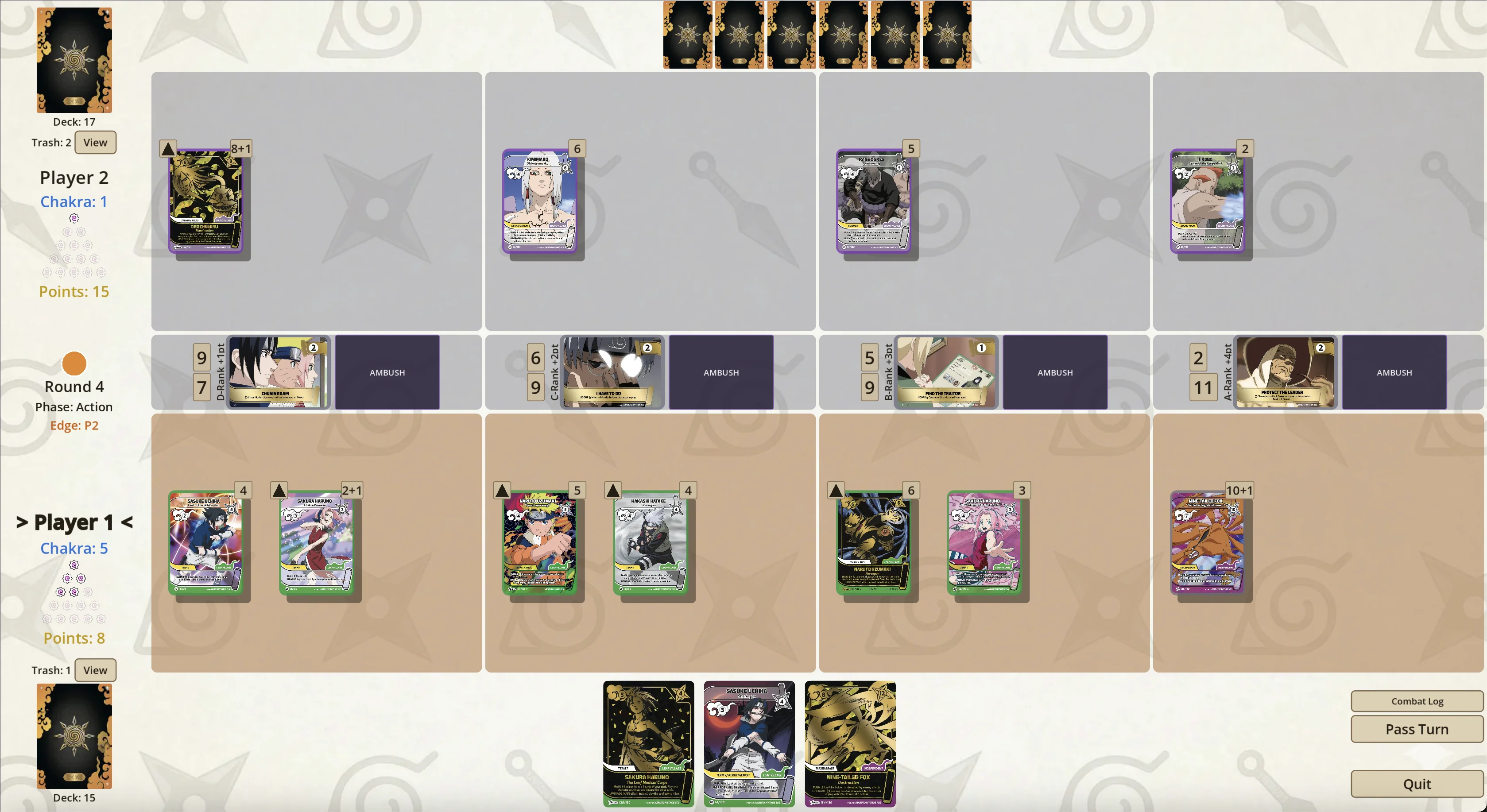 Captura de gameplay del Naruto Mythos TCG Simulator mostrando batalla de cartas