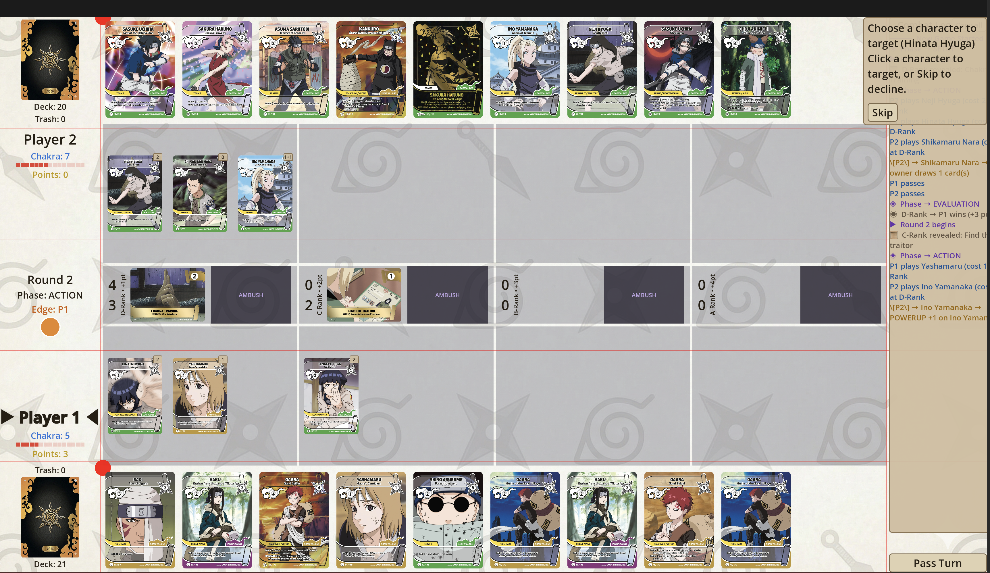 Naruto Mythos TCG Simulator gameplay screenshot showing card battle